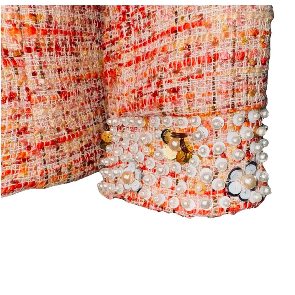 Chico's Size 0 (4/6) Embellished Pearls Tweed Woven Jacket Coral 3/4 Sleeve Coat - Picture 3 of 11